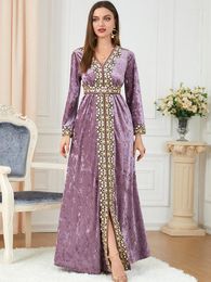 Ethnic Clothing Velvet Abaya Evening Dresses Women Lace Embroidered Trimming Belted Muslim Long Dress Morocca Kaftan Dubai Tukish Abayas