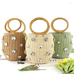 Evening Bags 2022 Handmade Small Straw Bucket Rhinestone Crystal Embellished Bag Lady Travel Purses And Handbags