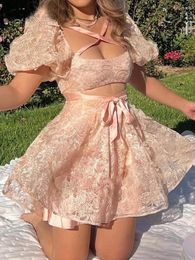 Party Dresses Women Y2K Aesthetic Puff Sleeves Kawaii Dress Sweet Lace Floral Hollow Out Tie-up Bowknot A-line Short Ball Gown
