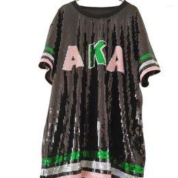 Women's T Shirts Short Sleeve Bling Sequin Party Pink And Green Casual O Neck Shirt