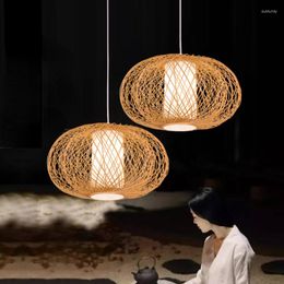 Pendant Lamps Chinese Pastoral Bamboo Lamp Chandelier Southeast Asia Rattan Hanging Light Cover Creative Kitchen Tea Woven Suspendu