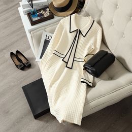 2023 Spring Black / Ivory Contrast Colour Ribbon Bow Knitted Dress Long Sleeve Lapel Neck Panelled Knee-Length Casual Dresses N2N3015