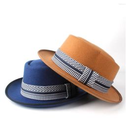 Berets 2022 Men Women Wool Pork Pie Hat With Ribbon Outdoor Travel Wild Wide Brim Jazz Flat Fedora Size 58CM