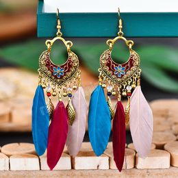 Bohemia Feather Dangle Earrings Women Summer Gold Colour Pendant Earrings Vintage Jewellery