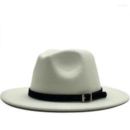 Berets Men Women Wide Brim Wool Felt Fedora Panama Hat With Belt Buckle Jazz Trilby Cap Party Formal Top In White Black 58-60CM