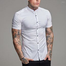 Men's Casual Shirts Arrivals Summer Man Short Sleeve Shirt Solid Men Stand Collar Slim Fit Business Dress Single-breasted Fitness Tops