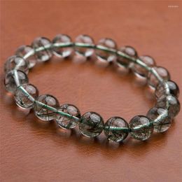 Strand Genuine Brazil Natural Green Rutilated Quartz Crystal Round Bead Stretch Bracelet