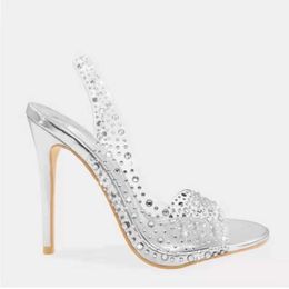 PVC Summer Fashion Rhinestone Clear Heels Stilettos Ladies Pointed Toe Party Sier Wedding Shoes Gold Slip-On Sandals T22 f007