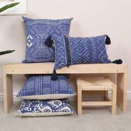 Pillow Flowers Nordic Print Cover Home Backrest Sofa Dark Blue Bedside Car Seat Four Corners Tassel