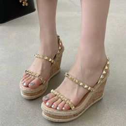 Sandals Rome Women Sandals High Heels Buckle Strap Metal Rattan Weave Platform Wedges Shoes For Women Beach Cane Sandals Open Toe T221209