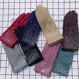 Rhinestone Gloves For Women Winter Full Finger Touch Screen Plus Velvet Warm Windproof Driving Female Gloves Mittens