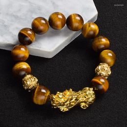 Strand Pi Xiu Tiger Eye Stone Beads Bracelet Feng Shui Yellow Power Women Men Elastic Jewelry Gold Color Pixiu Good Luck