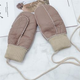 Hair Accessories Kids Fur Mittens Winter Warm Boys Gloves Girls Woollen Children's Soft Leather Mitten With Hang Line