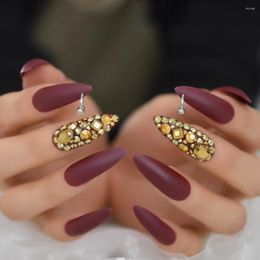 False Nails Golden Fake Diamond RhineStone With Design Ring Simple Cool Extra Long Stiletto Sharp Sexy Gelx Pure Color