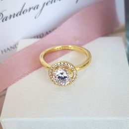 Shine Gold Plated Sparkling Round Halo Ring Fit Pandora Jewellery Engagement Wedding Lovers Fashion Ring For Women