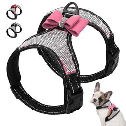 Dog Collars Leashes Reflective Dog Harness Nylon Pitbull Pug Small Medium Dogs Harnesses Vest Bling Rhinestone Bowknot Dog Accessories Pet Supplies T221213