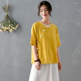 Ethnic Clothing Women Retro Chinese Style Linen Cheongsam Top Spring Summer Short-sleeved Shirts Qipao Botton Zen Tops Casual Blouse