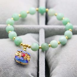Strand 8mm Green Beads Chalcedony Retro Style Natural Stone Cloisonne Pendant Bracelet DIY Hand Chain For Women Girls Made Jewellery