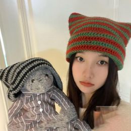 Warm Japanese Beanie Hat Ins Little Devil Striped Knitted Wool Cap Autumn and Winter Cute Cat Ears Pointed Pullover Women's Hats 6 Colors