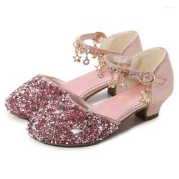 Flat Shoes Wedding Girls High Heels Leather Sequins Rhinestones Princess Sandals 2022 Fashion Teenager Party Bling