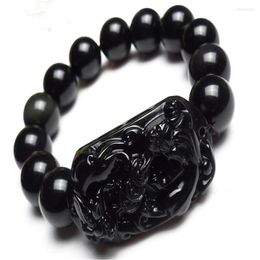 Strand 14mm Natural Stone Black Obsidian Round Loose Beads Jewellery Pi Xiu Brave Troops Powerful Mens Stretch Bracelet