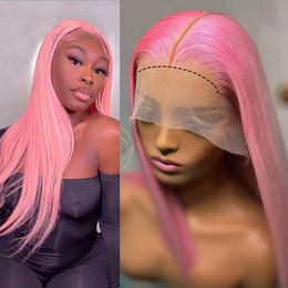 Pink Colored 13x4 HD Lace Frontal Wigs Brazilian Straight Human Hair Wigs For Women Synthetic Bleached Knots Pre Plucked