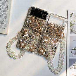 Bling Diamond 3D Flower Hard Cases For Samsung Galaxy Z Flip 5 4 3 Fold 5 Zflip4 Zflip5 FOLD5 Folding Luxury PC Plastic Floral Shinny Rhinestone Phone Cover With Strap