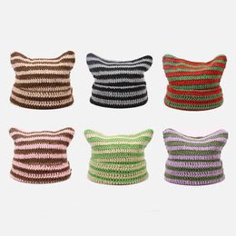 Trend Harajuku Beanie Hat Little Devil Striped Women Knitted Cat Ear Punk Cap Fashion Designer Winter Warmer Bonnet gift 6 Colours