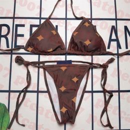 Classic Brown Bikini Brand Printed Swimsuit Womens Triangle Swimwear Strappy Bathing Suit Two Piece