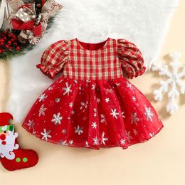 Girl Dresses Toddler Baby Girls Christmas Plaid Dress Party Tutu Infant Mesh Princess Short Sleeve Snowflake Print Baptism