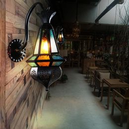 Wall Lamp Vintage Moroccan Retro Black Painted Iron Light With Stained Glass Water Pattern For Club Bar Cafe Aisle