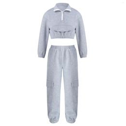 Running Sets Kids Girls Summer Sport Outfits Lapel Long Sleeves Zipper Crop Top And Elastic Waistband Pants For Workout Tracksuit