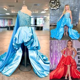 Woven Hi-Lo Bubble Girl Pageant Dress 2023 Cape Ballgown Beading Little Kid Birthday Formal Party Gown Toddler Teen Preteen One-Shoulder Ruffled Skirt Blue Red
