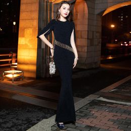 Ethnic Clothing Sexy Women O-neck Evening Party Gown Sheath Trumpet Tassel Chinese Banquet Dress Sparkly Stylish Crystal Vestidos Big Size