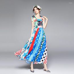 Casual Dresses Fashion Runway Dress Summer Women Spaghetti Straps Bohemian Sundress Polka Dots Stripe Floral Maxi Blue