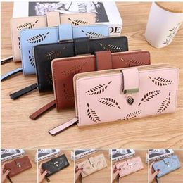 Wholes Women Hollow Out Leaf Long Clutch Purse Card Holder Bifold Leather Wallet hand bags212U