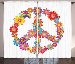 Curtain 1960s Curtains Colorful Peace Flower Nature Youthful Flourishes Happiness Hippie Art Living Room Bedroom Window Drapes Red Blue