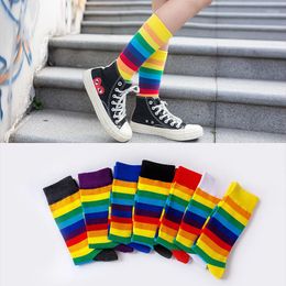 Women Socks 1pair Combed Cotton Fashion Hip Hop Man Woman Unisex Harajuku Striped Colorful Rainbow Sox Skateboard Happy Funny Sokken