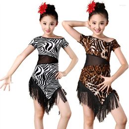 Stage Wear Latin Dance Children Leopard Costumes Skirts Girls Print Kid Cha Black Fringed Party Dresses With Salsa Fringe Sequin Dress