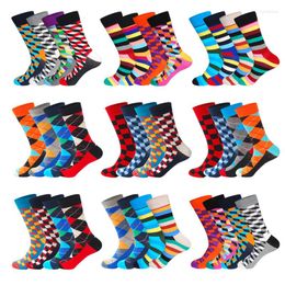 Men's Socks LIONZONE 4Pairs/Lot Cotton Classical Striped Rhombic Pattern Dress Up Casual Crew For Happy Wedding Gifts