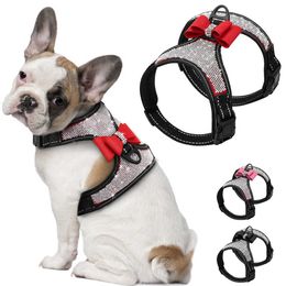 Dog Collars Leashes Rhinestone Harness for Small Dogs Reflective Dog Harness with Cute Bowknot Mesh Puppy Cat Vest Adjustable for French Bulldog T221212
