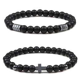 8mm Black Matted Bead Cross Bracelet Hematite Elasticity Bracelet For Women Men Jewellery