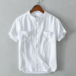 Men's Casual Shirts Suehaiwe's Style Brand Italy Short Sleeve Pure Linen Shirt Men Fashion Stand Collar White For Comfortable