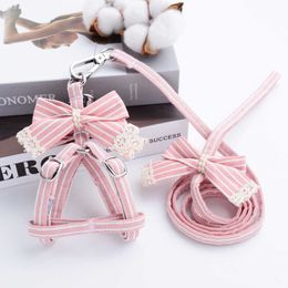 Dog Collars Leashes Pink Stripe Dog Collars And Harnesses Cotton Bows Girl Boy Pet Leash Set Outdoor Walking For Pitbull Chihuahua S M Accessories T221212