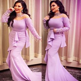 ebi 아랍어 Aso Lilac Mermaid Prom Dresses Beaded Crystals 저녁 공식 파티 두 번째 리셉션 생일 약혼 신부 들러리 가운 드레스 ZJ