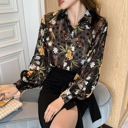 Women's Blouses Vintage Floral And Dots Jacquard Shirts Women Sexy Sheer Chiffon Blouse Korean Style Office Ladies Loose Top