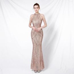 Party Dresses Sparkly Long Prom Mermaid Champagne Sequined Crystal Evening Gowns Formal Backless Halter Sleeveless