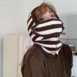 Berets Hooded Hat Scarf Striped Beanie Knit Earflap Neck Mask Crochet