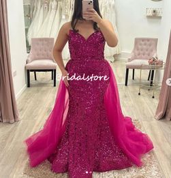 Fushia Pink Mermaid Sequin Prom Dress With Detachable Train Plus Size Evening Dresses 2023 Dubai Arabic Sweetheart Floor Length Formal Party Engagement Gowns