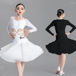 Stage Wear Kids Practise Clothes For Girls Latin Dance Dress Black White Long Sleeves Hollow Tutu Skirts Costume SL6224